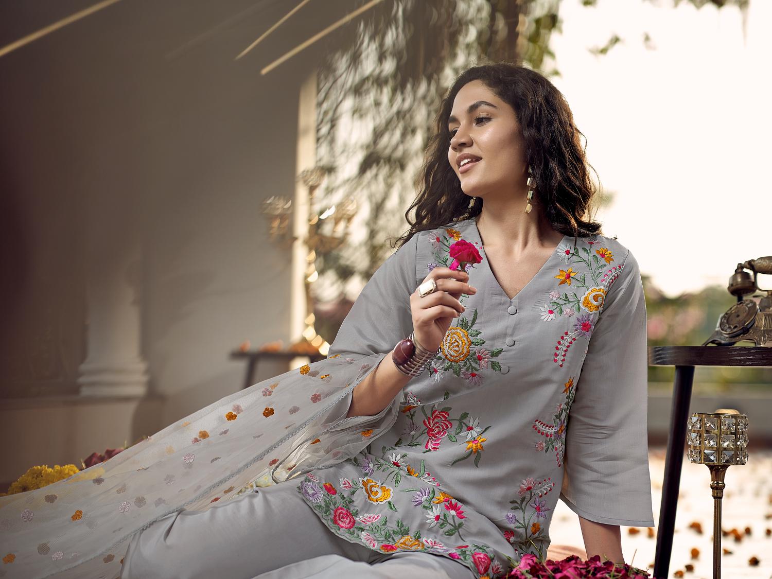 Steel Grey Color Silk Blend V-Neck Straight Kurta Set With Floral Thread Embroidery